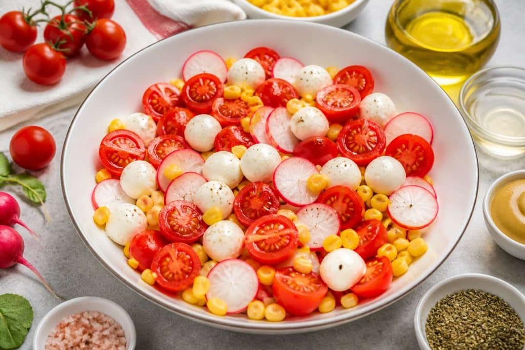 Salade minceur aux radis, tomates, mozzarella et maïs : la recette fraîche et légère