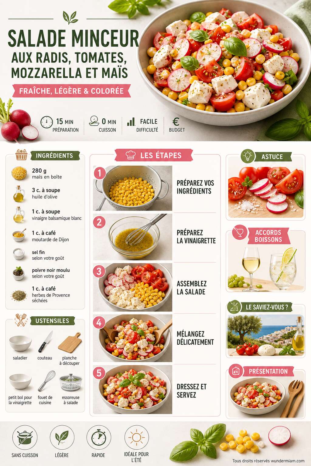 Fiche recette Salade minceur aux radis, tomates, mozzarella et maïs : la recette fraîche et légère Fiche recette Salade minceur aux radis, tomates, mozzarella et maïs : la recette fraîche et légère