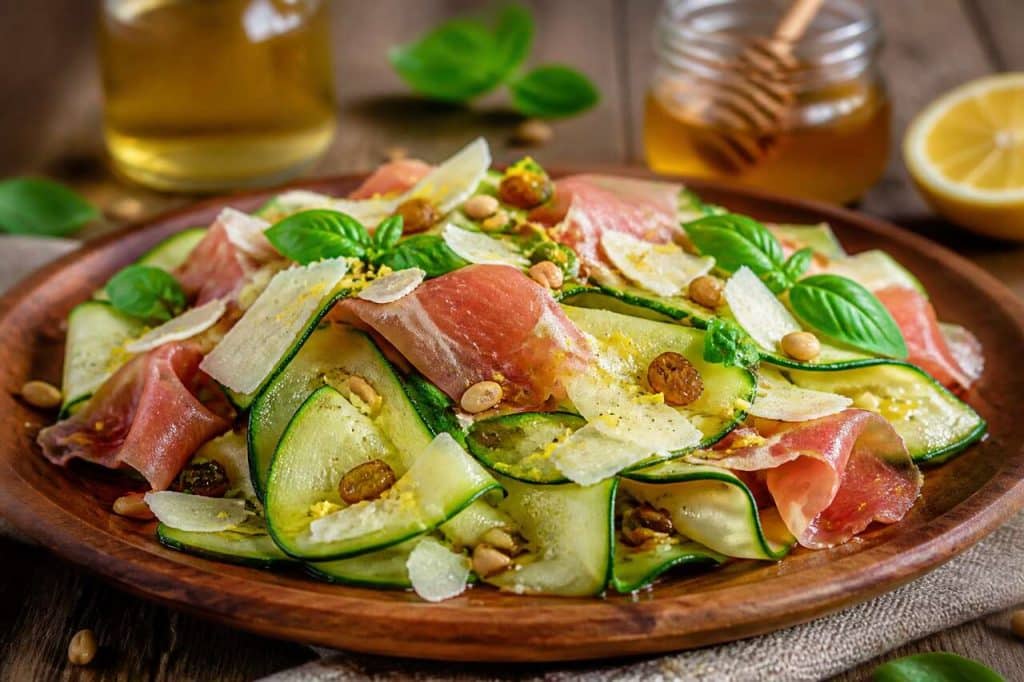 Recette de salade de courgettes aux raisins secs, jambon cru et parmesan