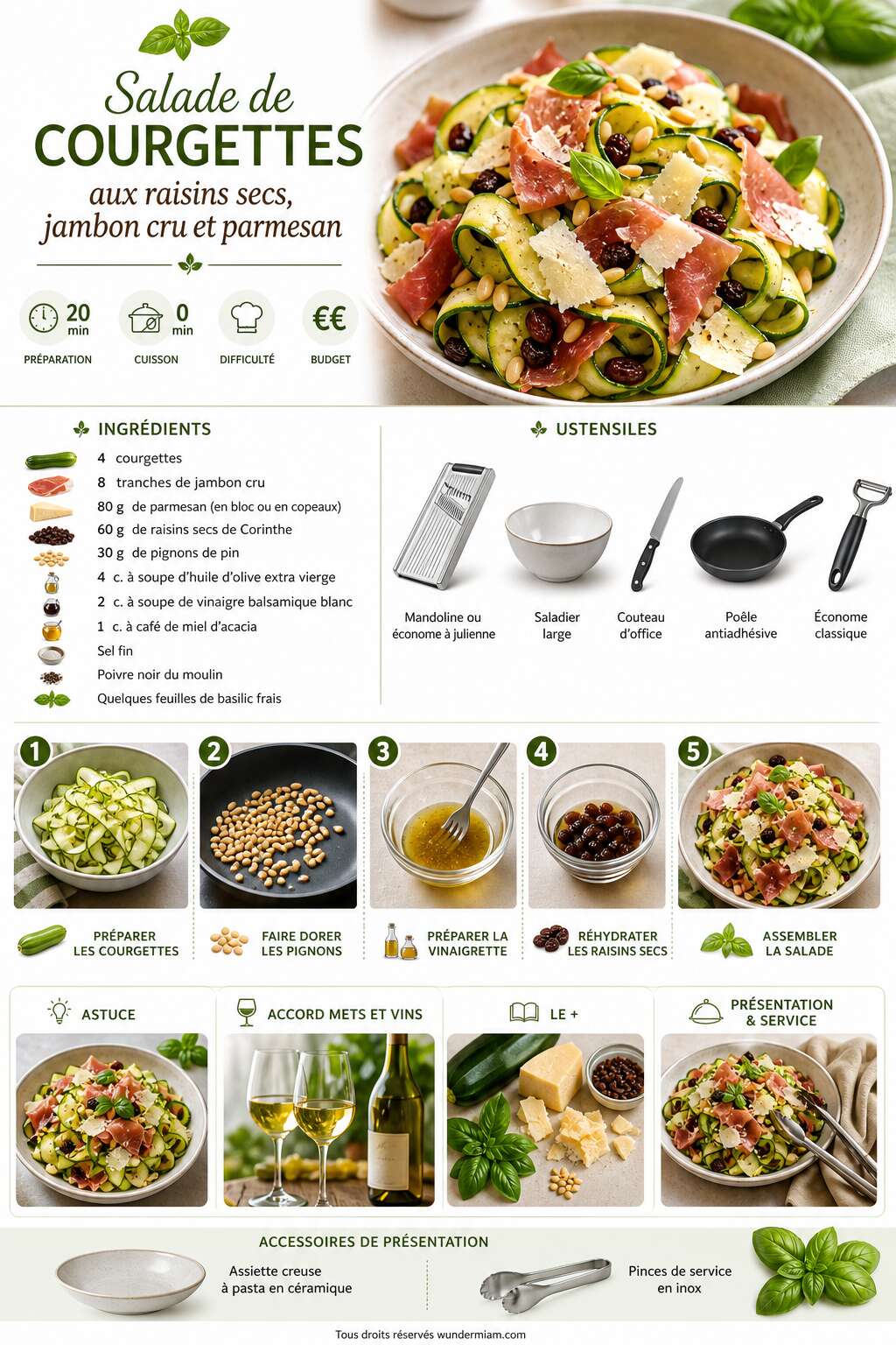 Fiche recette Recette de salade de courgettes aux raisins secs, jambon cru et parmesan Fiche recette Recette de salade de courgettes aux raisins secs, jambon cru et parmesan