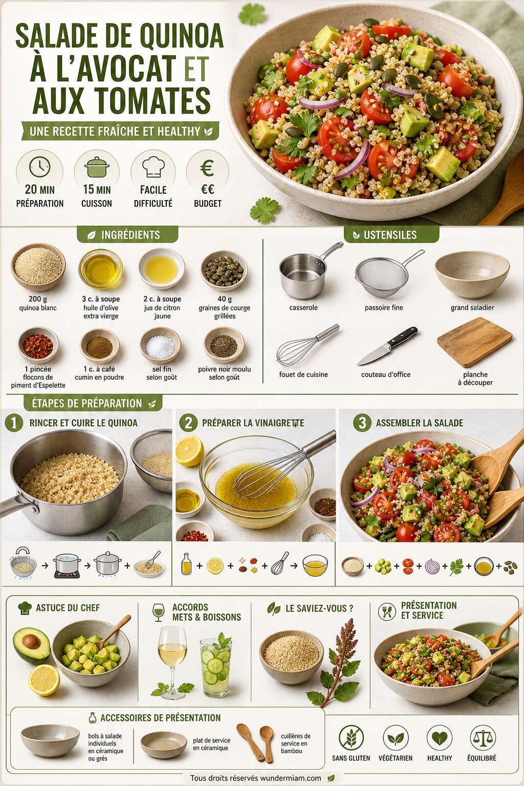 Fiche recette Salade de quinoa à l'avocat et aux tomates : une recette fraîche et healthy Fiche recette Salade de quinoa à l'avocat et aux tomates : une recette fraîche et healthy