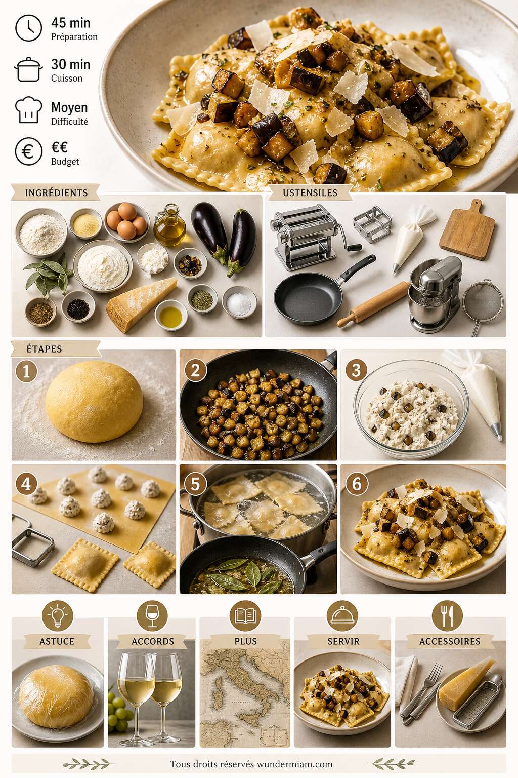 Fiche recette Ravioles aux aubergines marin&eacute;es et copeaux de parmesan : une recette savoureuse et raffin&eacute;e
