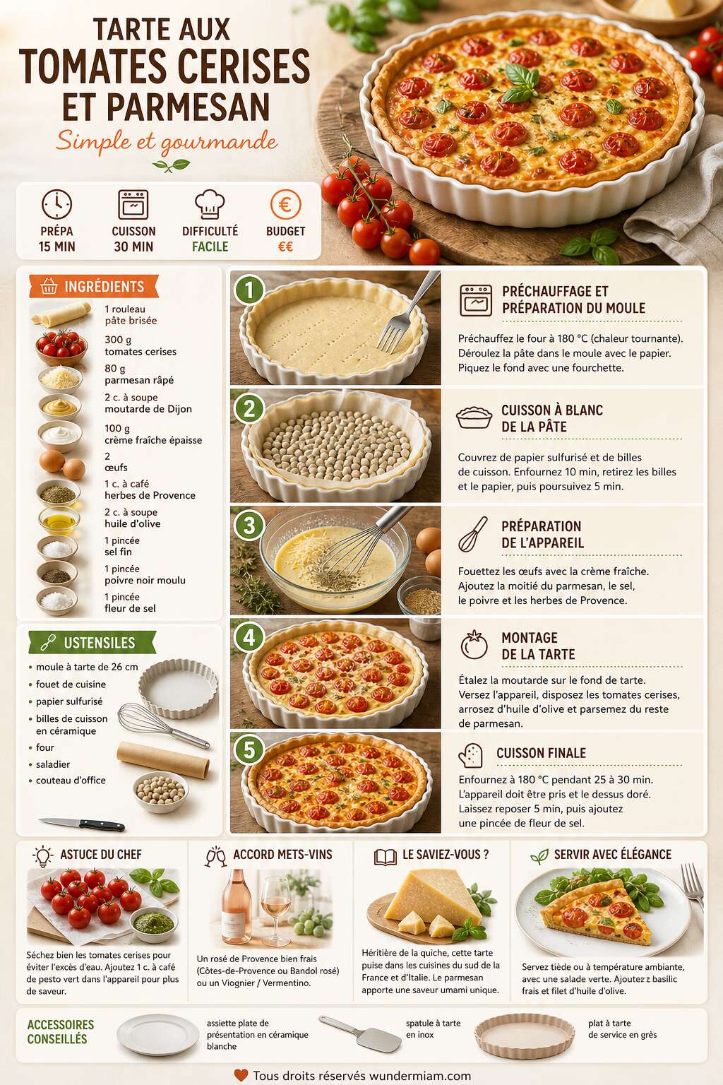 Fiche recette Recette de tarte aux tomates cerises et parmesan : simple et gourmande Fiche recette Recette de tarte aux tomates cerises et parmesan : simple et gourmande