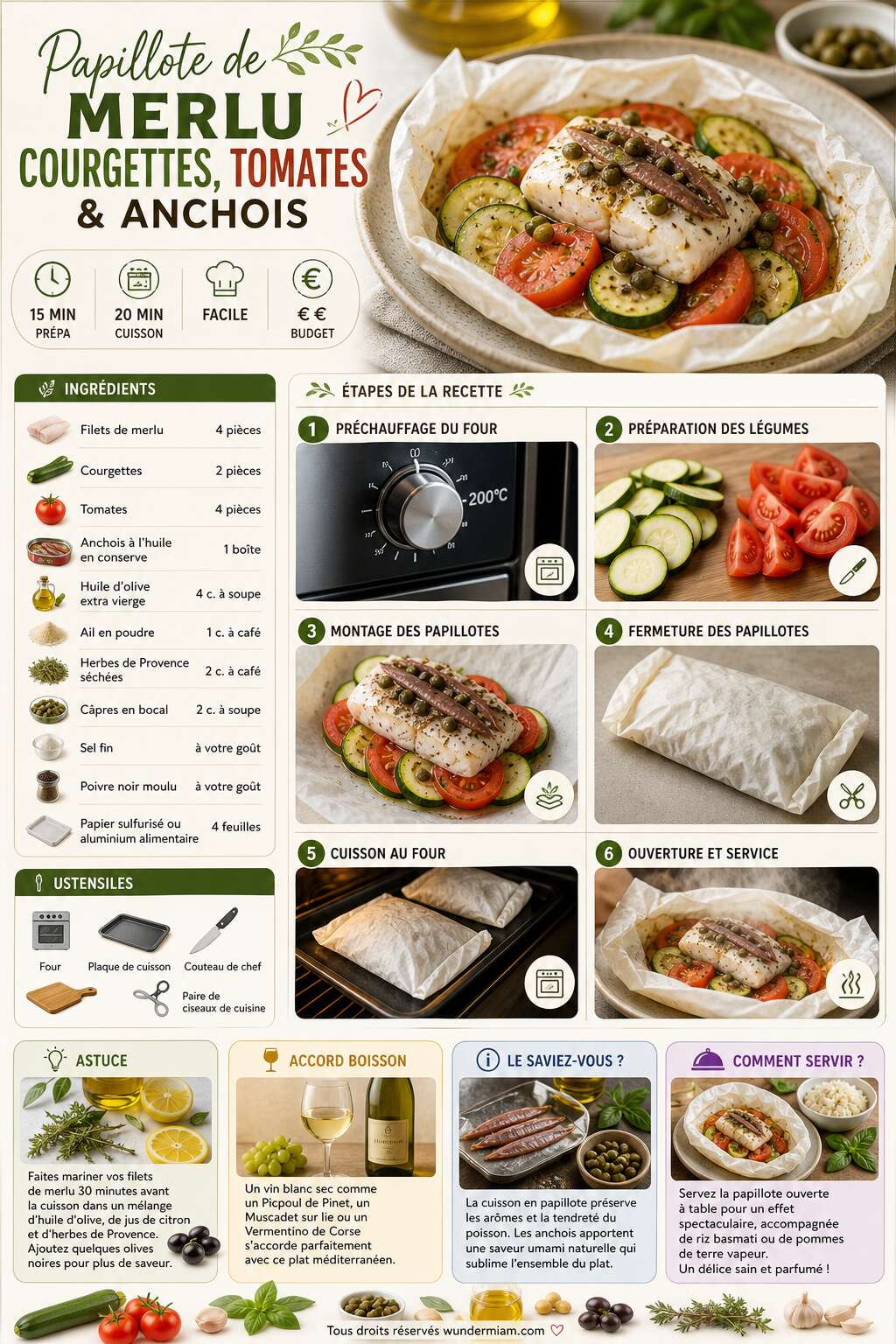 Fiche recette Recette de merlu, courgettes, tomates et anchois en papillote
