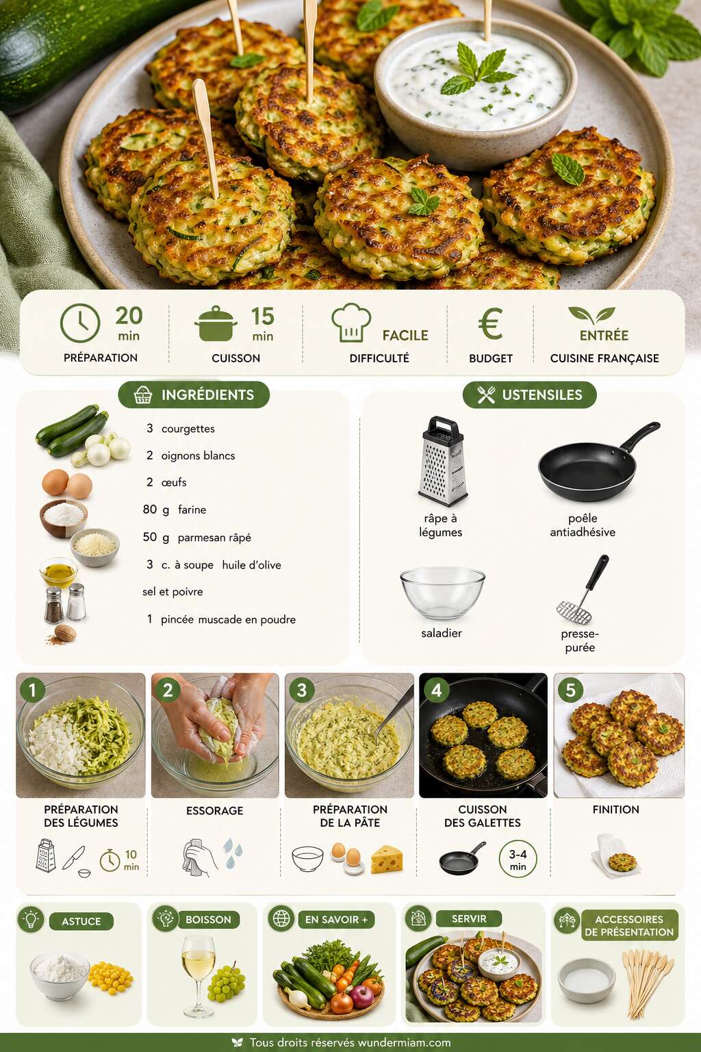 Fiche recette Mini-galettes aux courgettes et oignons blancs : la recette facile et gourmande