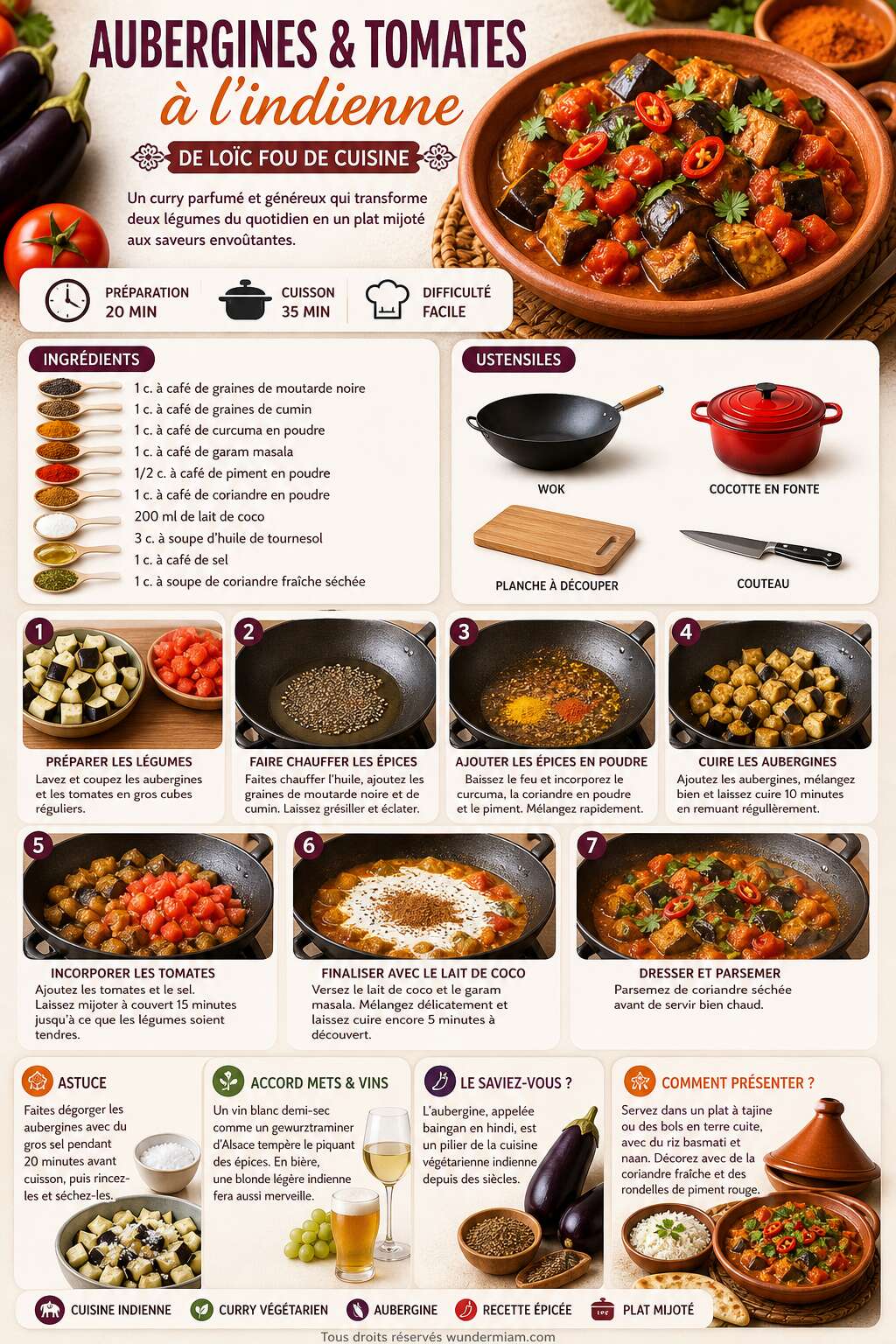 Fiche recette Recette d'aubergines et tomates &agrave; l'indienne de Lo&iuml;c Fou de cuisine