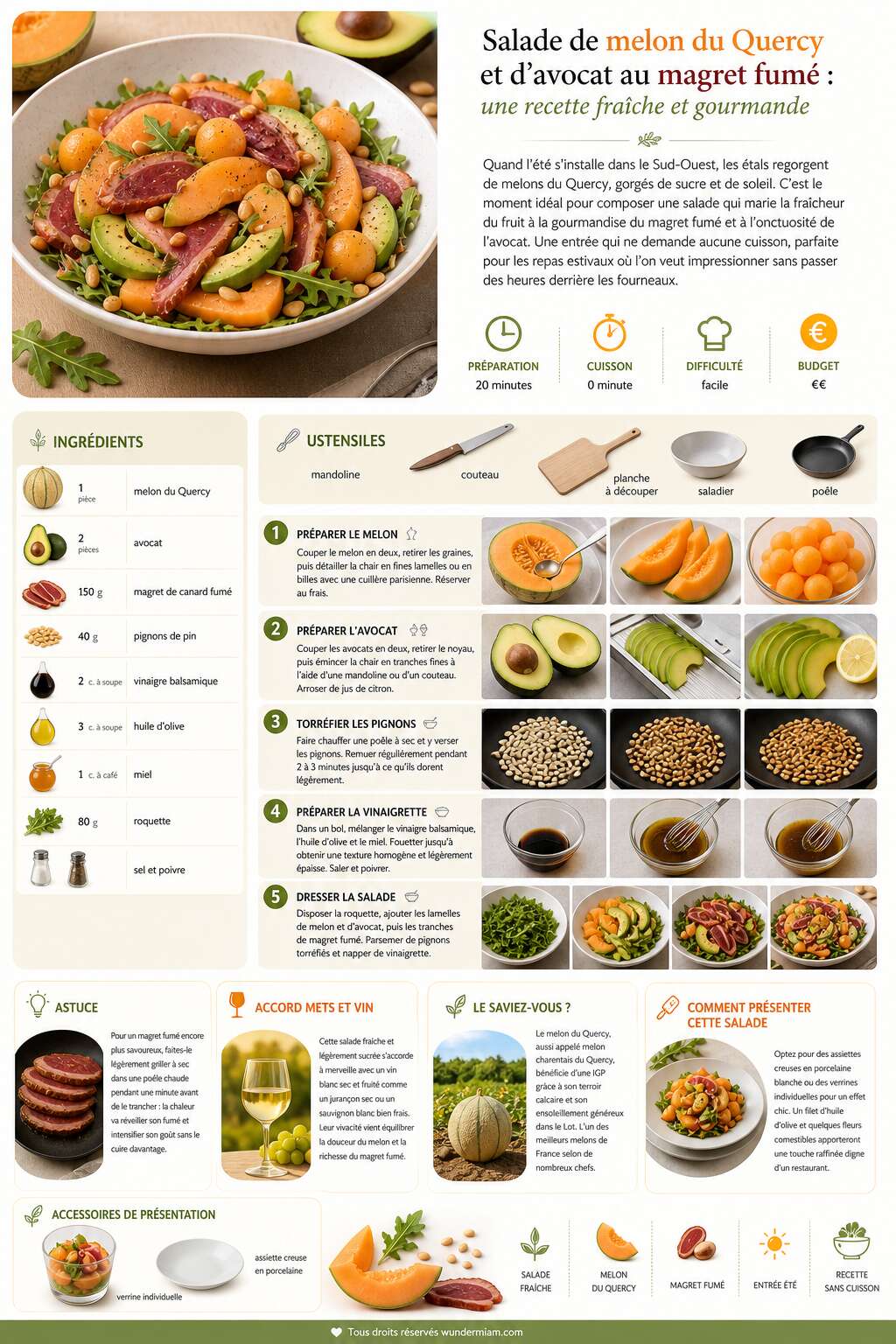 Fiche recette Salade de melon du Quercy et d'avocat au magret fum&eacute; : une recette fra&icirc;che et gourmande