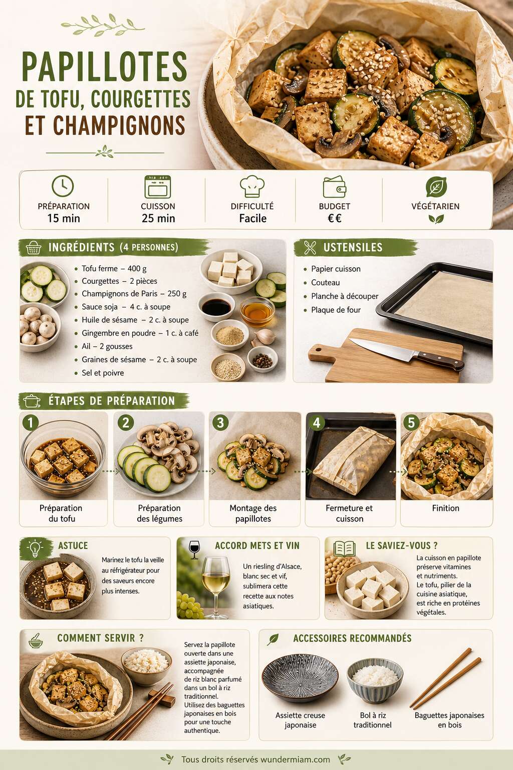 Fiche recette Recette facile de papillotes de tofu, courgettes et champignons Fiche recette Recette facile de papillotes de tofu, courgettes et champignons