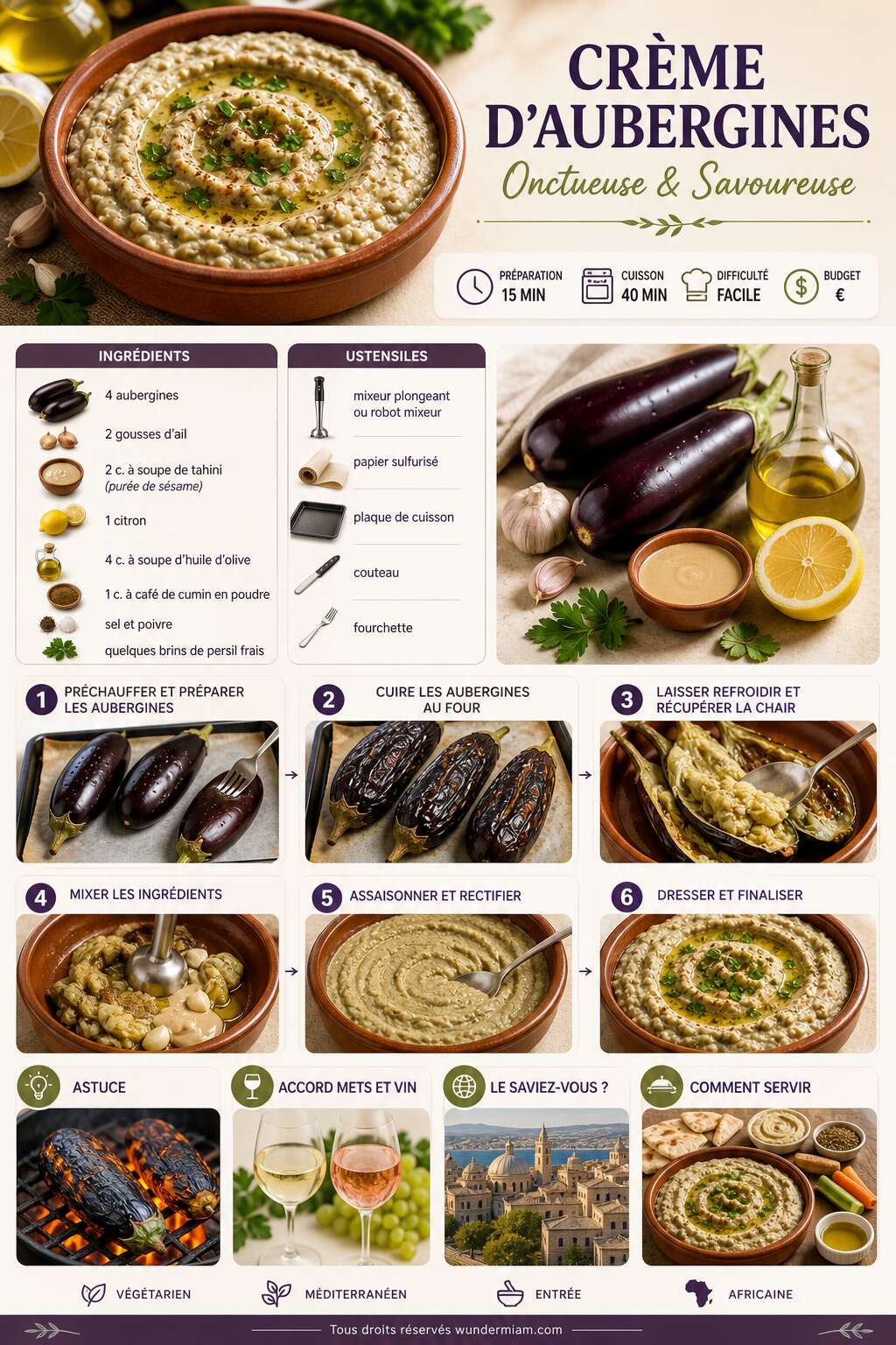 Fiche recette Recette facile de cr&egrave;me d'aubergines onctueuse et savoureuse