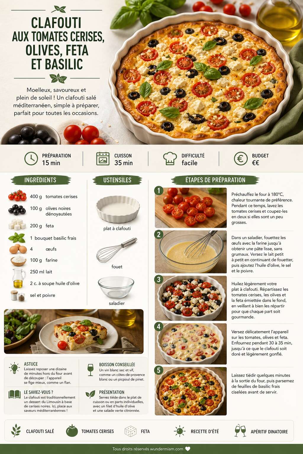 Fiche recette Recette du clafouti aux tomates cerises, olives, feta et basilic