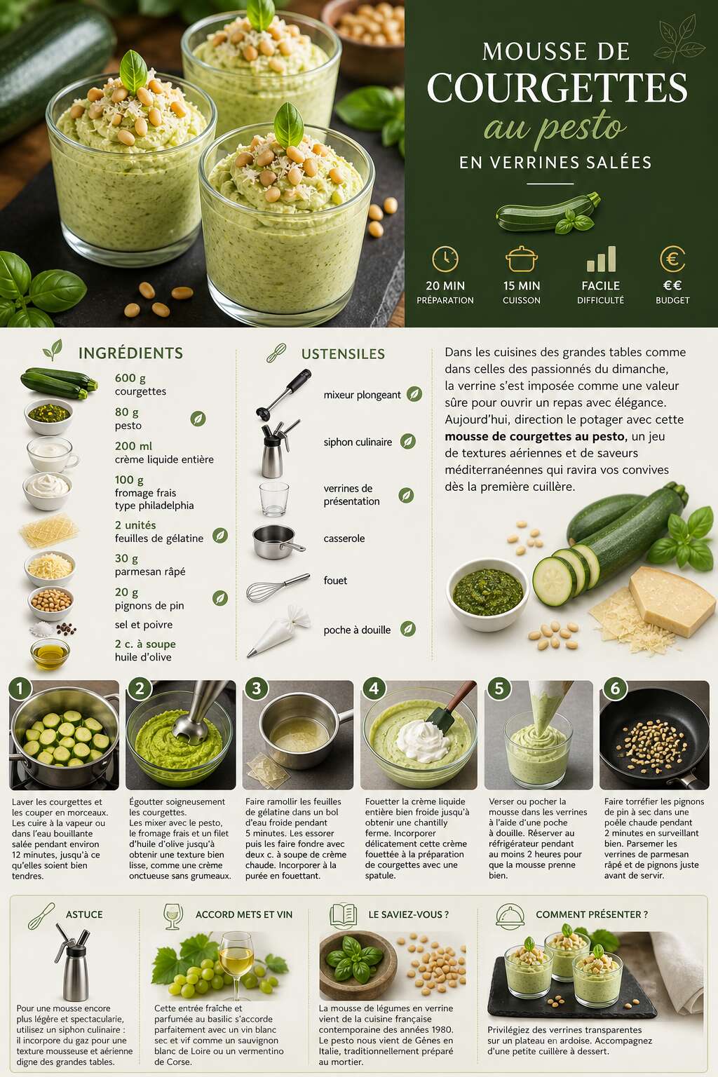 Fiche recette Recette de mousse de courgettes au pesto en verrines salées Fiche recette Recette de mousse de courgettes au pesto en verrines salées