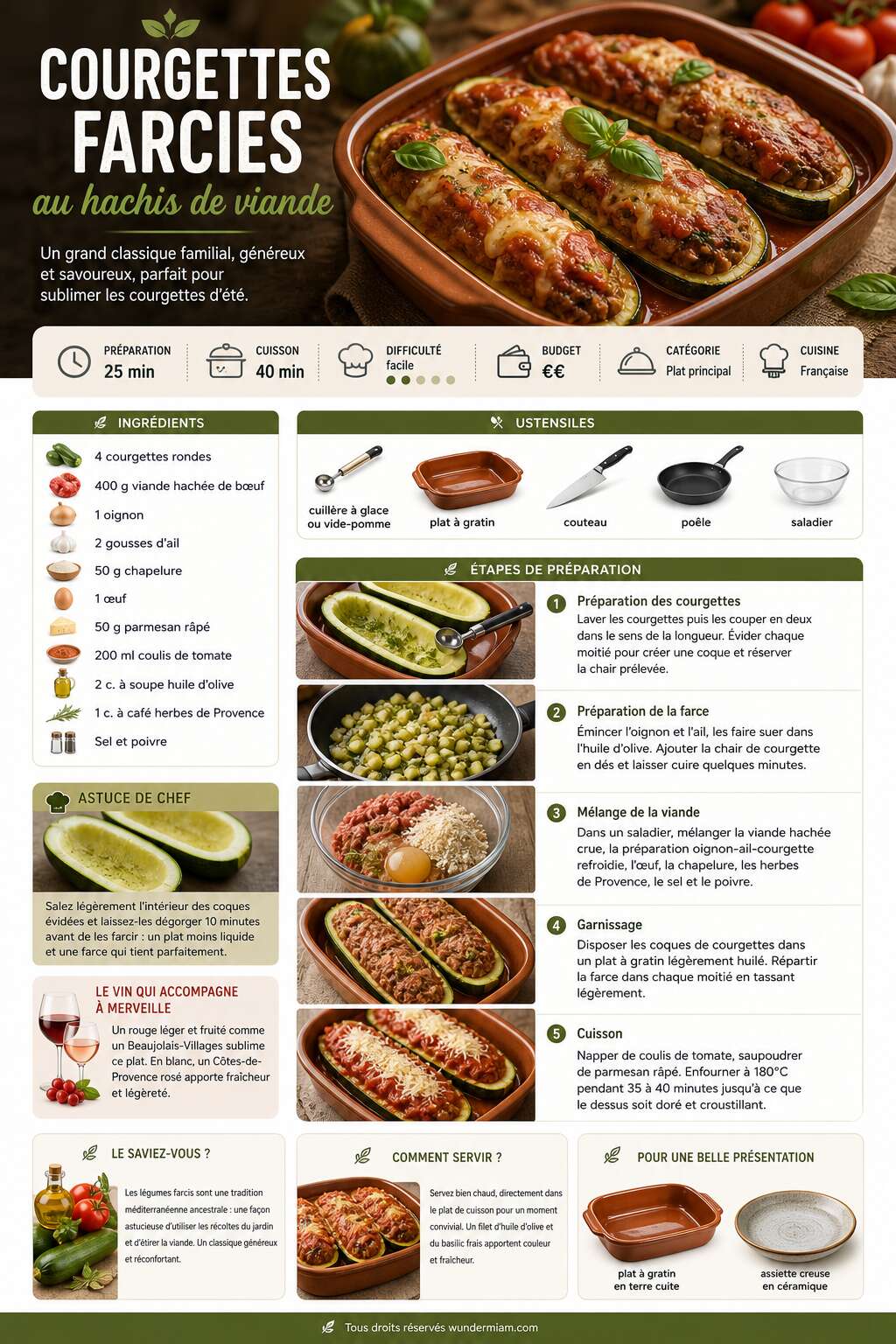 Fiche recette Recette de courgettes farcies au hachis de viande Fiche recette Recette de courgettes farcies au hachis de viande