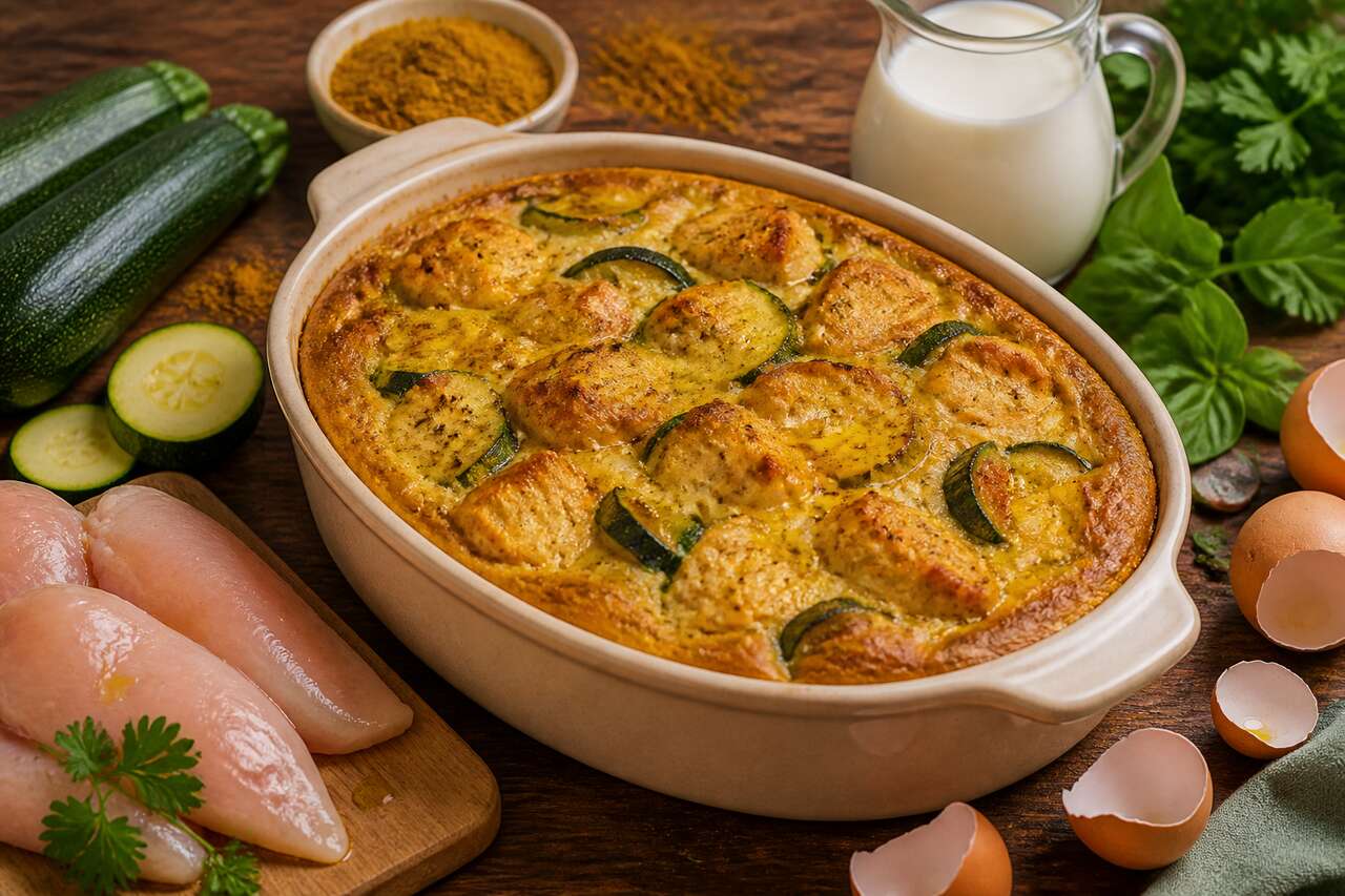 Recette du clafoutis de poulet et courgettes au curry