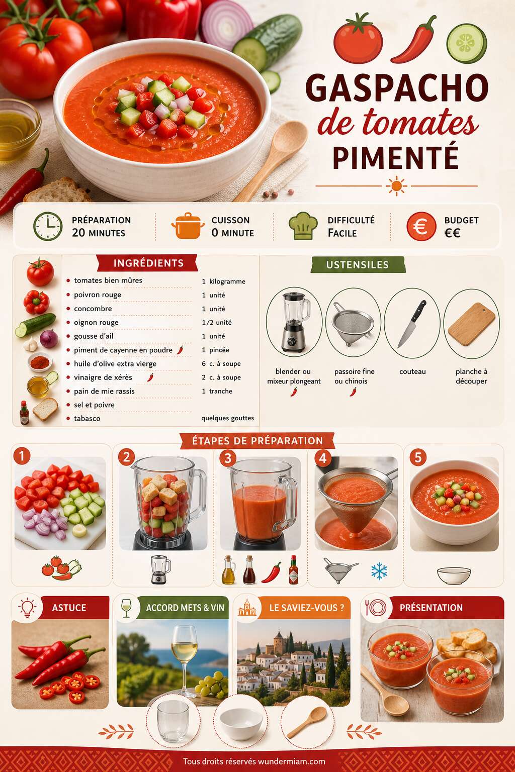 Fiche recette Recette de gaspacho de tomates piment&eacute; : frais et savoureux