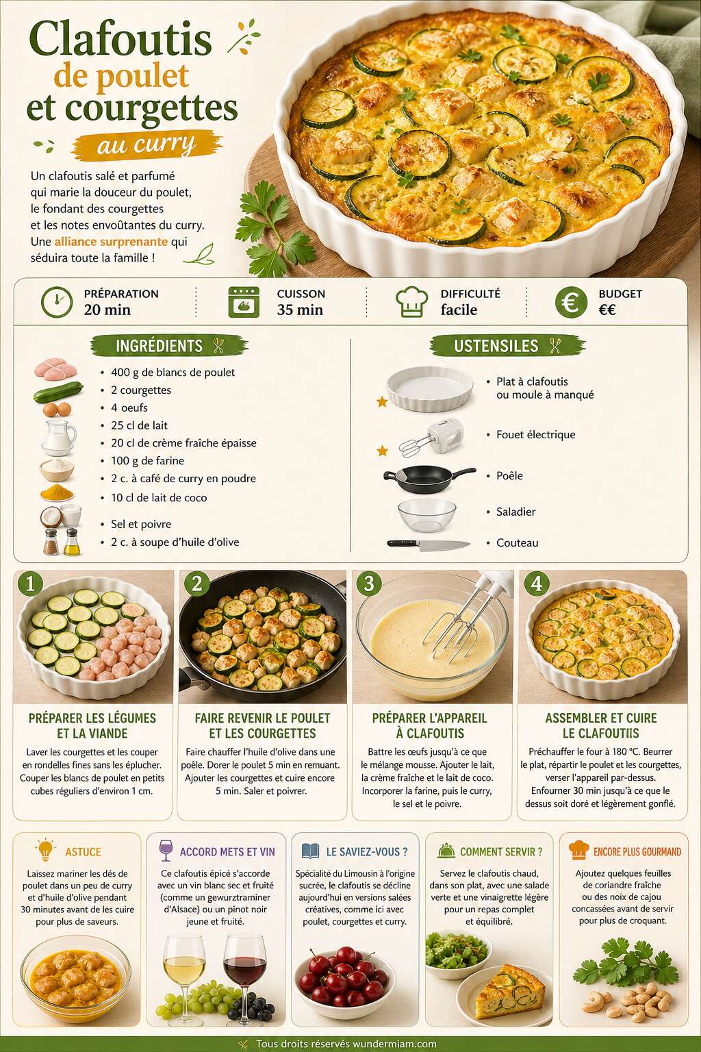 Fiche recette Recette du clafoutis de poulet et courgettes au curry