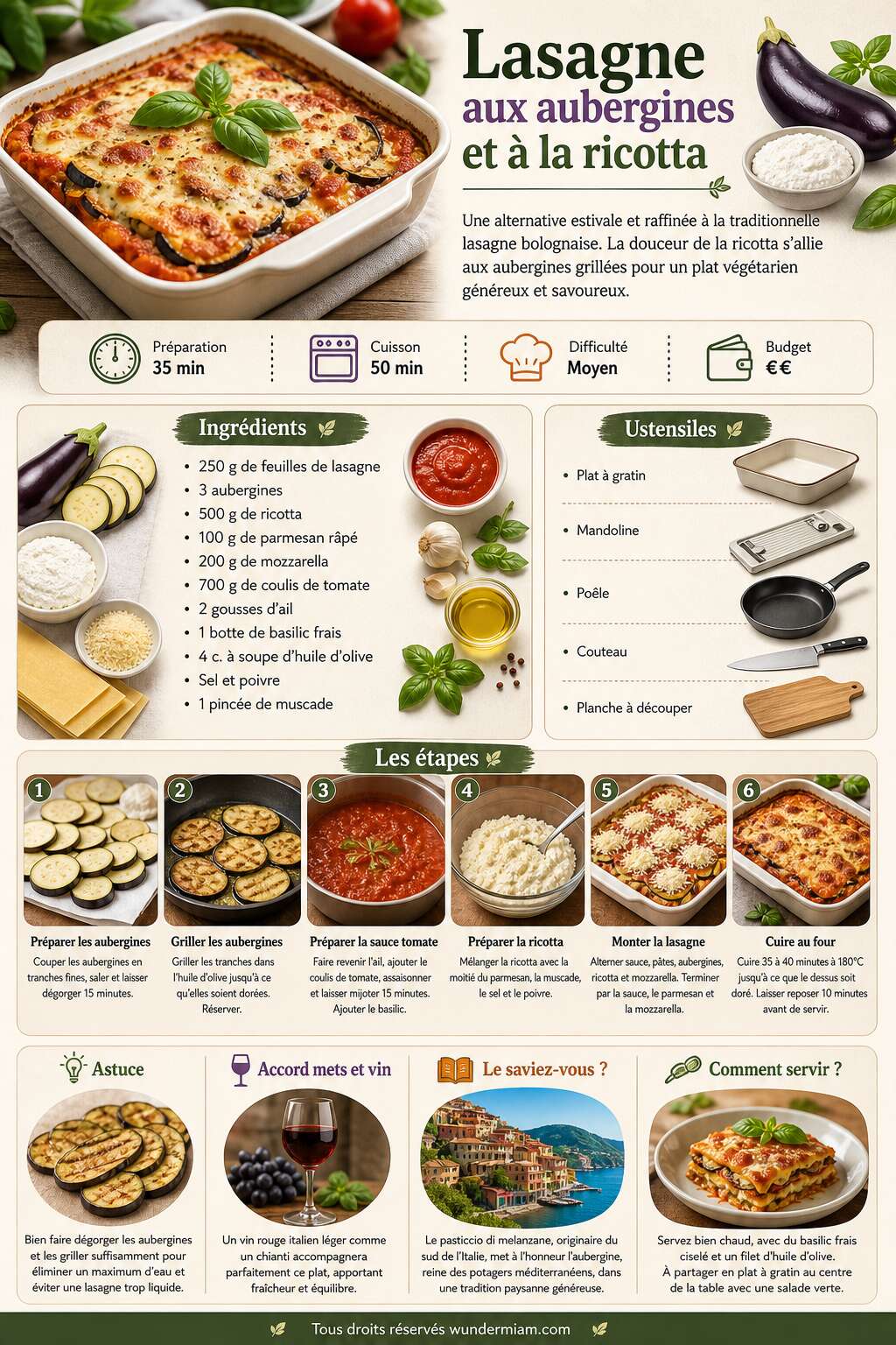 Fiche recette Recette de lasagne aux aubergines et à la ricotta Fiche recette Recette de lasagne aux aubergines et à la ricotta