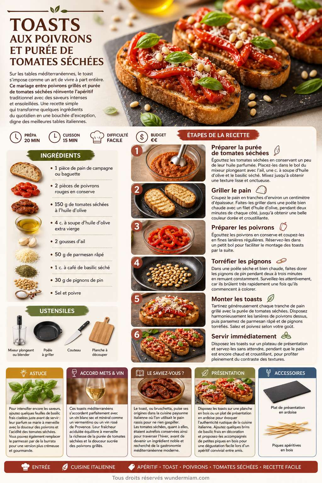 Fiche recette Recette de toasts aux poivrons et purée de tomates séchées Fiche recette Recette de toasts aux poivrons et purée de tomates séchées