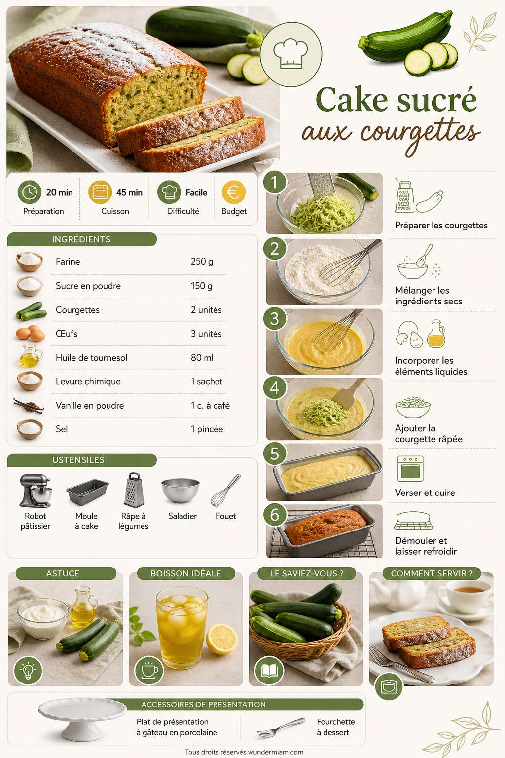Fiche recette Recette facile de cake sucré aux courgettes Fiche recette Recette facile de cake sucré aux courgettes