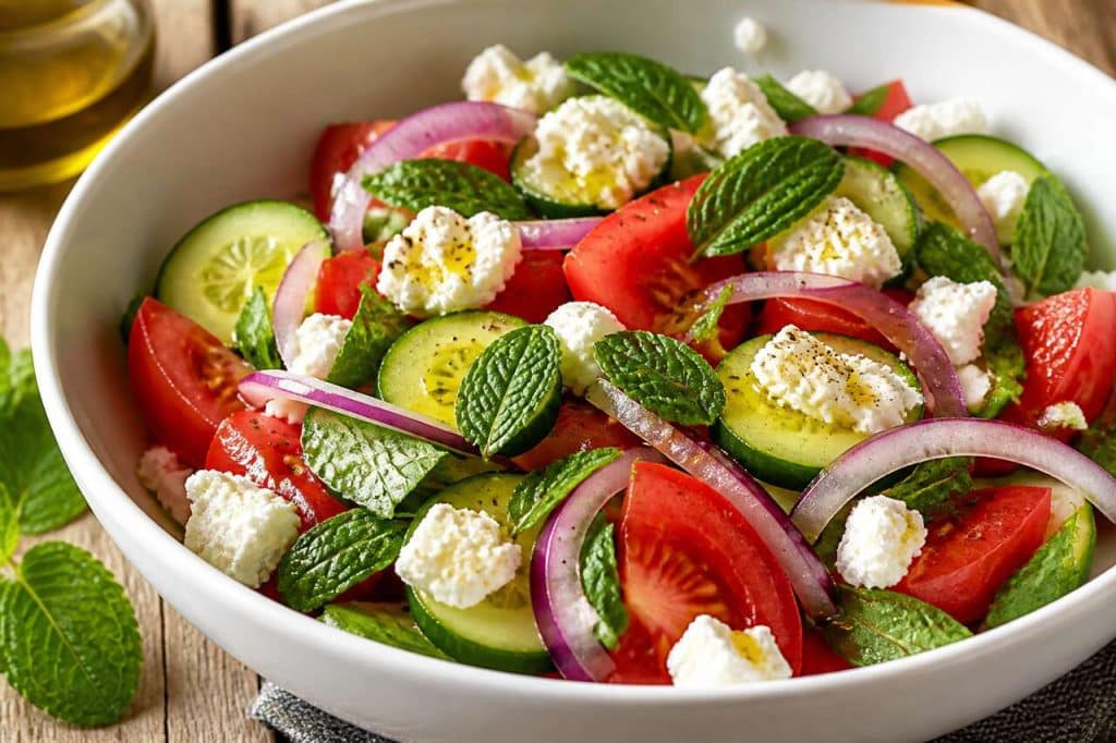 Recette de salade froide de concombres, tomates et menthe
