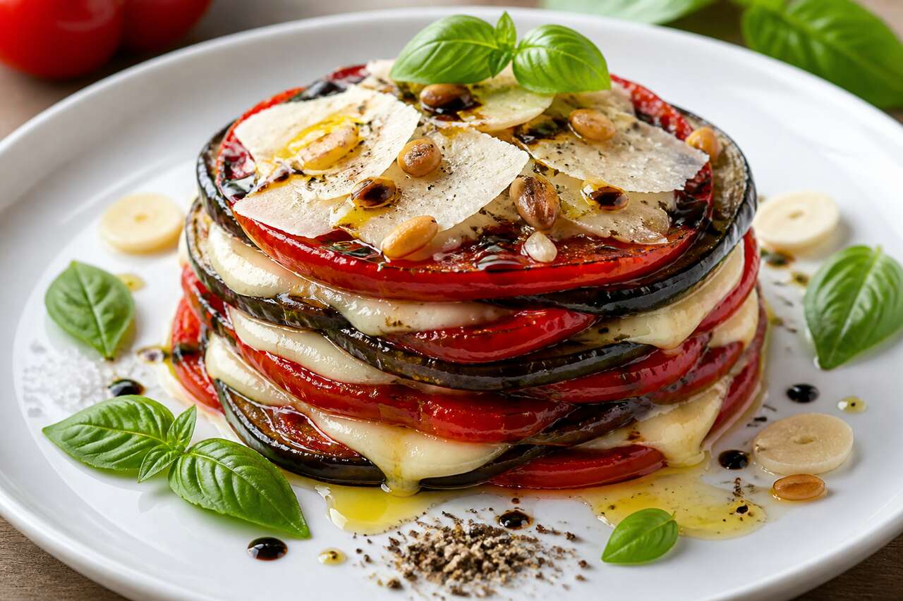 Recette du mille-feuille au poivron, aubergine et parmesan