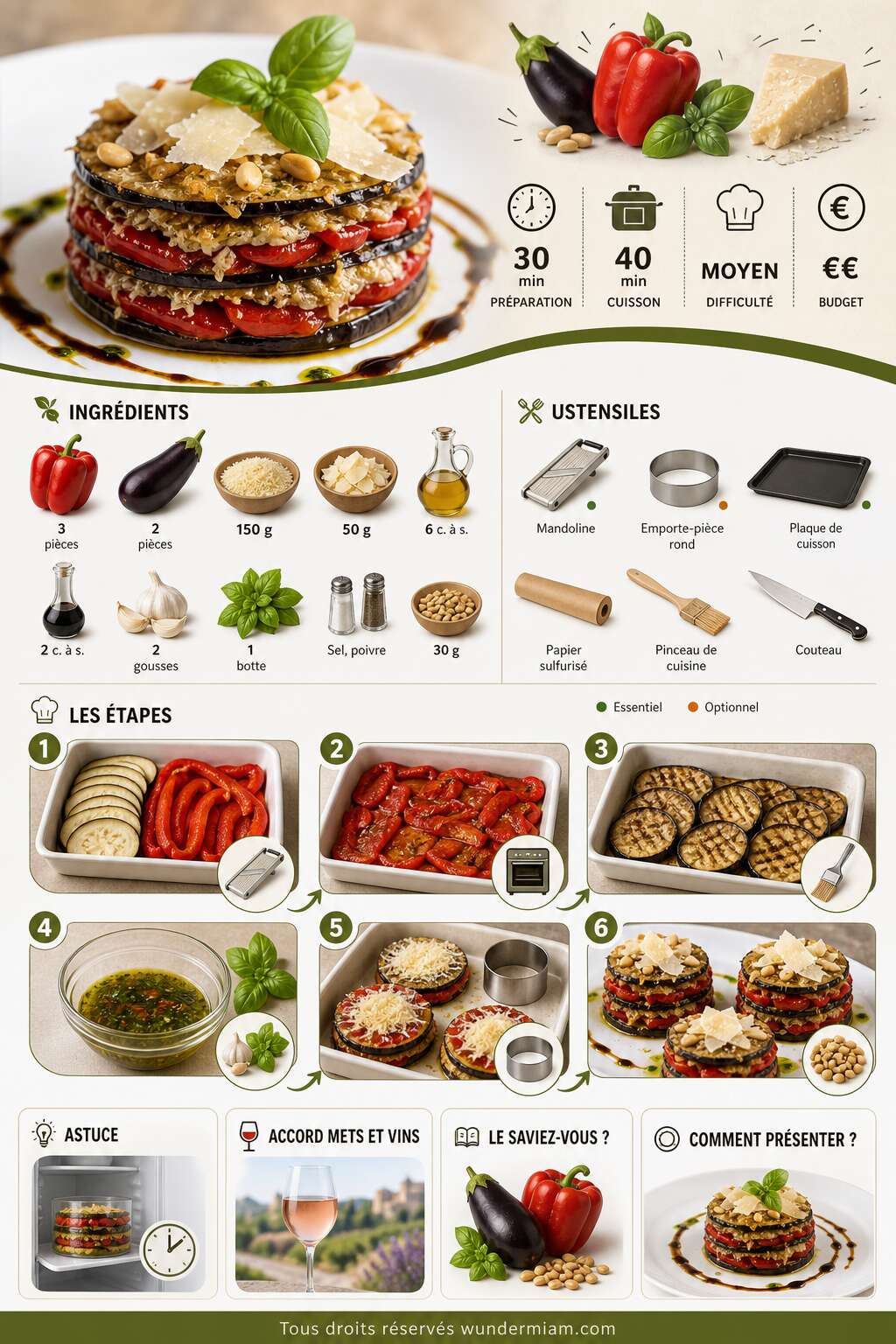 Fiche recette Recette du mille-feuille au poivron, aubergine et parmesan Fiche recette Recette du mille-feuille au poivron, aubergine et parmesan