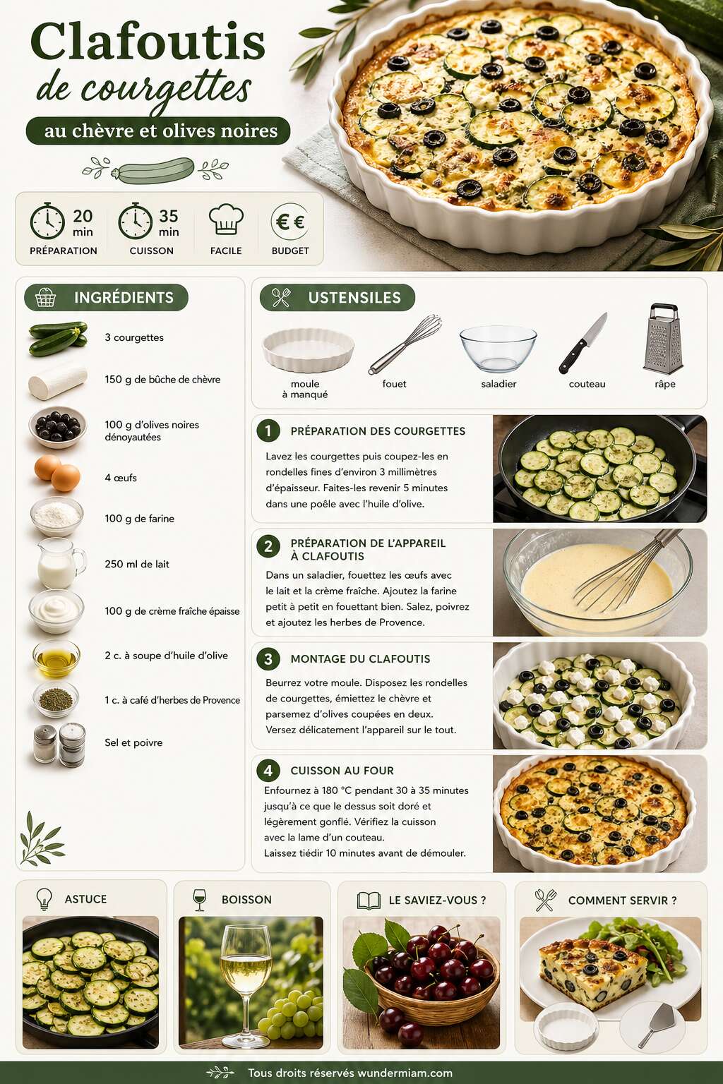 Fiche recette Clafoutis de courgettes au chèvre et olives noires : la recette facile et gourmande Fiche recette Clafoutis de courgettes au chèvre et olives noires : la recette facile et gourmande