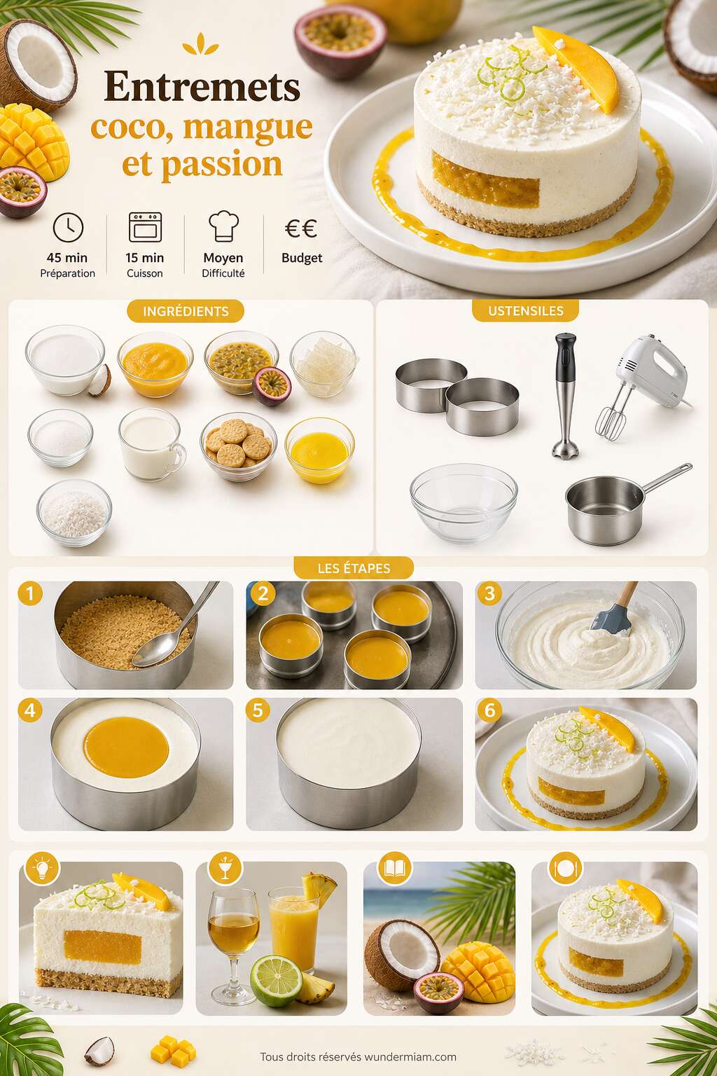 Fiche recette Recette d'entremets coco, mangue et passion