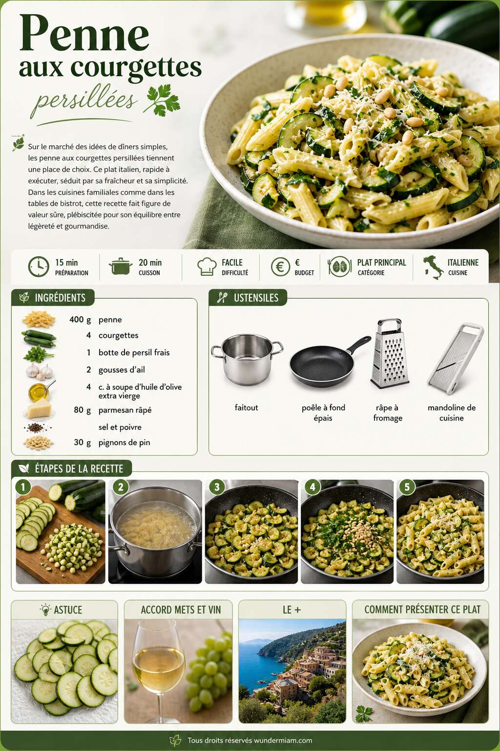 Fiche recette Recette facile de penne aux courgettes persill&eacute;es