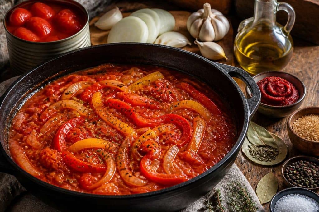 Recette de sauce tomate aux oignons et aux deux poivrons