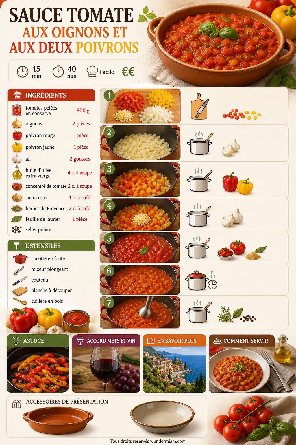 Fiche recette Recette de sauce tomate aux oignons et aux deux poivrons