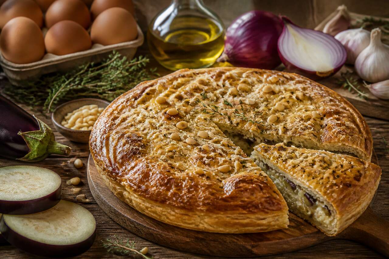 Tourte aux aubergines, pignons de pin et parmesan : une recette gourmande et facile