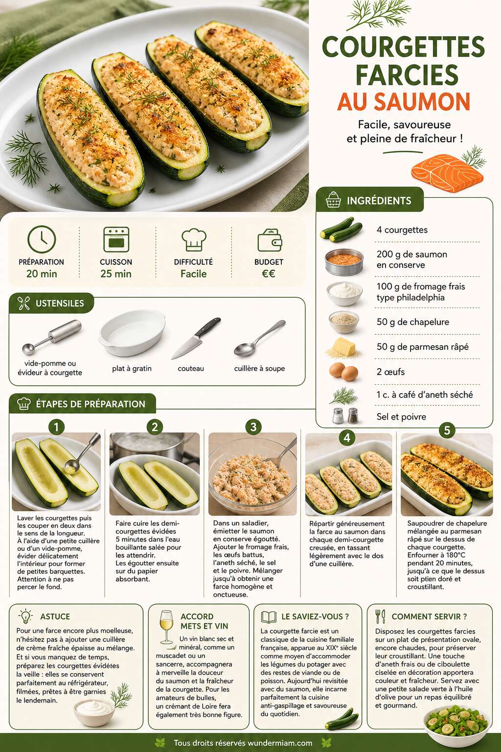 Fiche recette Recette facile de courgettes farcies au saumon Fiche recette Recette facile de courgettes farcies au saumon
