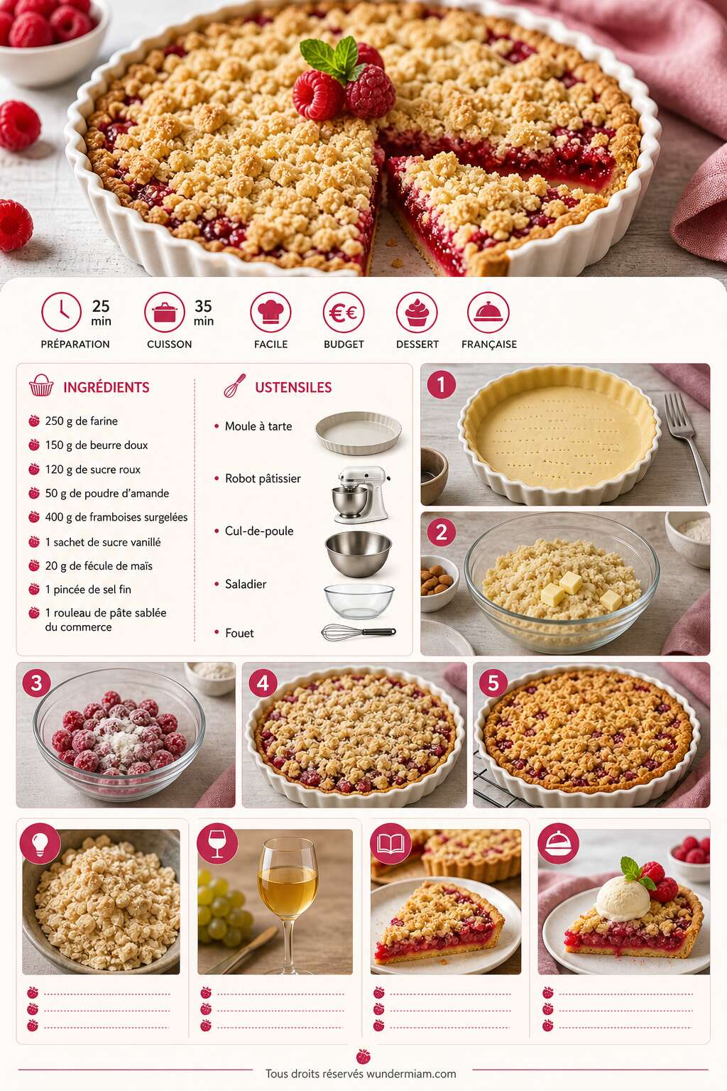 Fiche recette Recette de tarte aux framboises façon crumble Fiche recette Recette de tarte aux framboises façon crumble