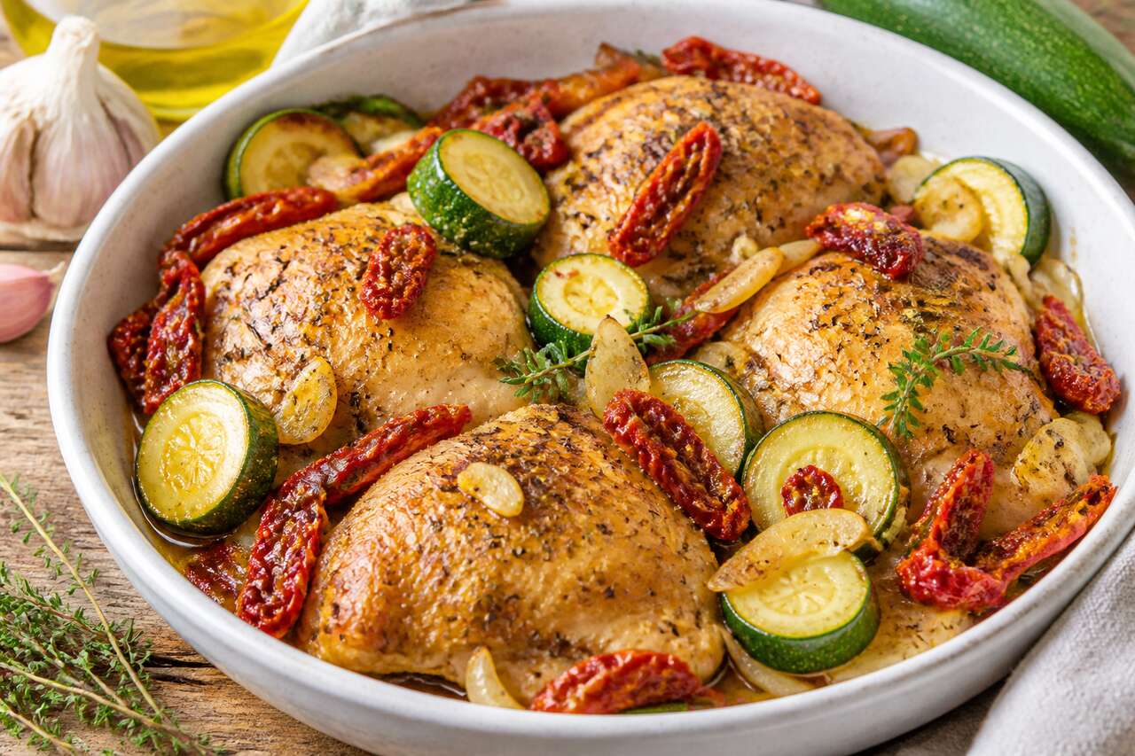 Cuisses de poulet aux courgettes et tomates confites : la recette facile et savoureuse