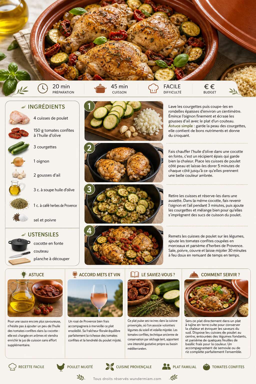 Fiche recette Cuisses de poulet aux courgettes et tomates confites : la recette facile et savoureuse Fiche recette Cuisses de poulet aux courgettes et tomates confites : la recette facile et savoureuse