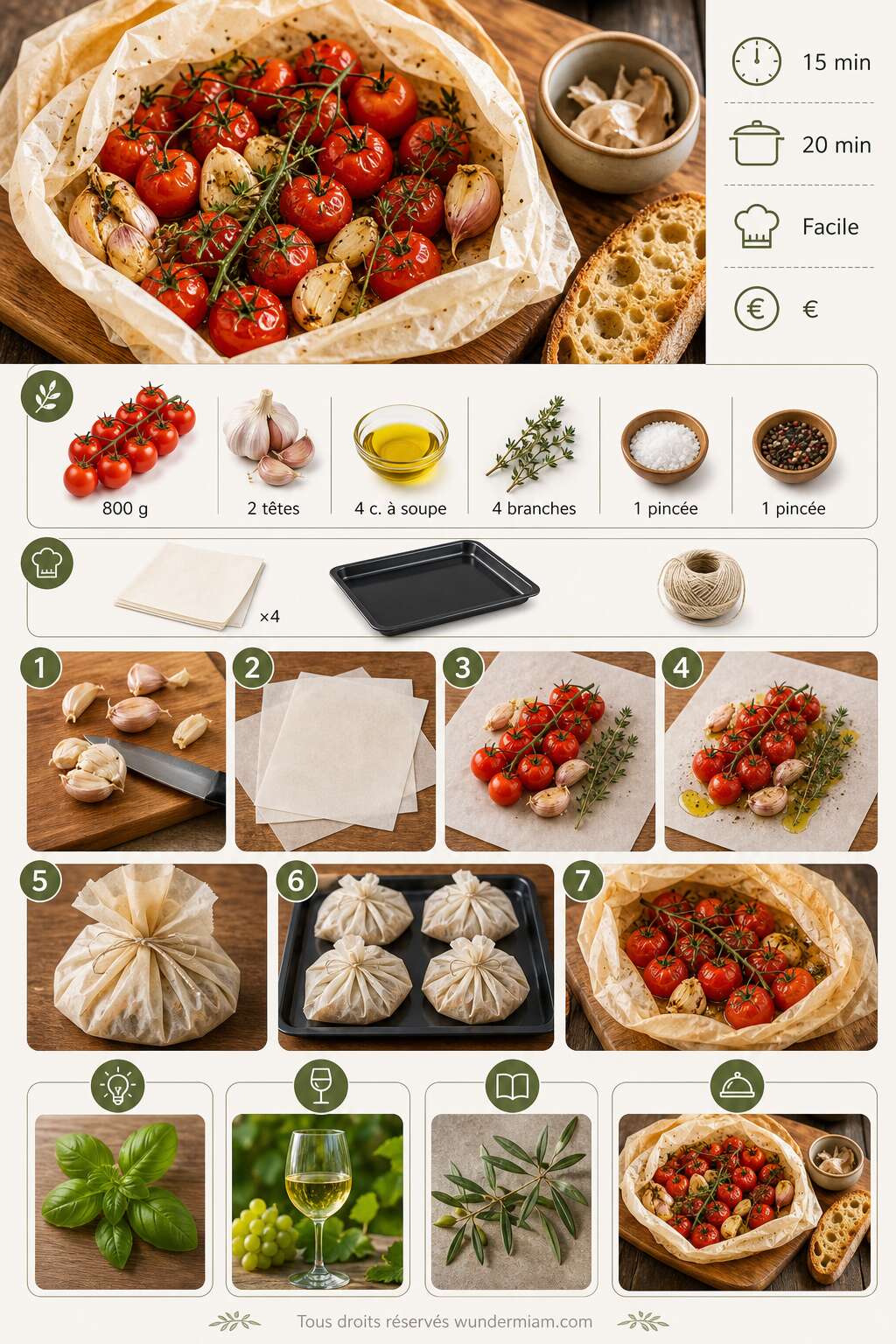 Fiche recette Recette de tomates cerise en grappes à l'ail en papillotes Fiche recette Recette de tomates cerise en grappes à l'ail en papillotes