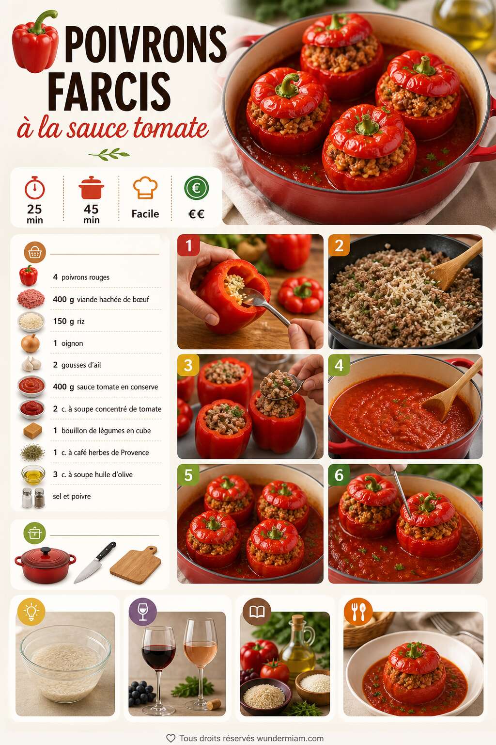 Fiche recette Recette de poivrons farcis &agrave; la sauce tomate