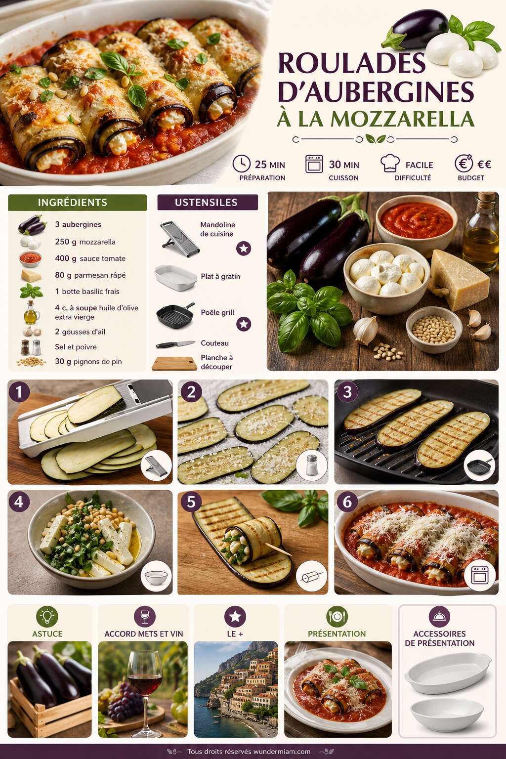 Fiche recette Roulades d'aubergines &agrave; la mozzarella : une recette facile et gourmande
