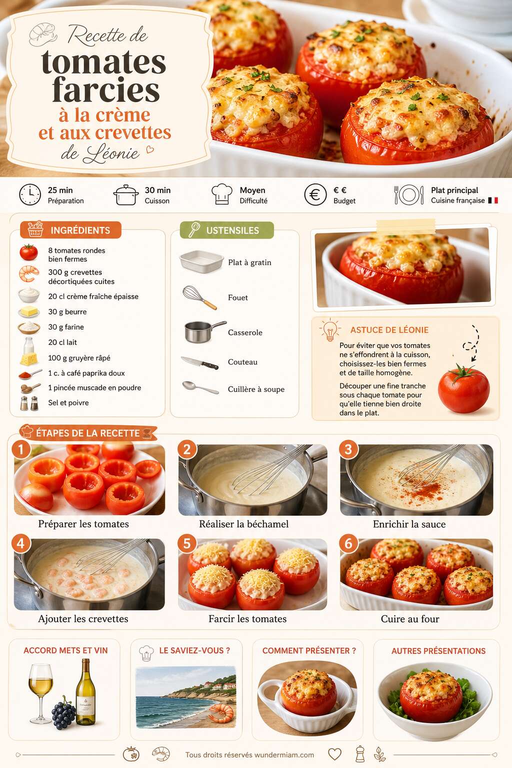 Fiche recette Recette de tomates farcies à la crème et aux crevettes de Léonie Fiche recette Recette de tomates farcies à la crème et aux crevettes de Léonie
