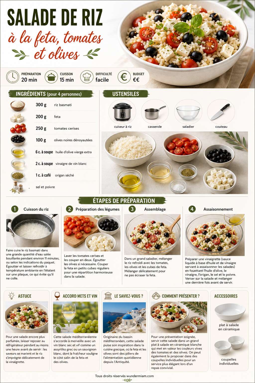 Fiche recette Recette facile de salade de riz à la feta, tomates et olives Fiche recette Recette facile de salade de riz à la feta, tomates et olives