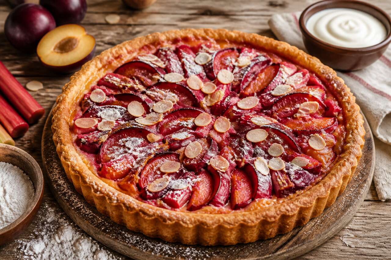 Recette de tarte aux prunes et à la rhubarbe