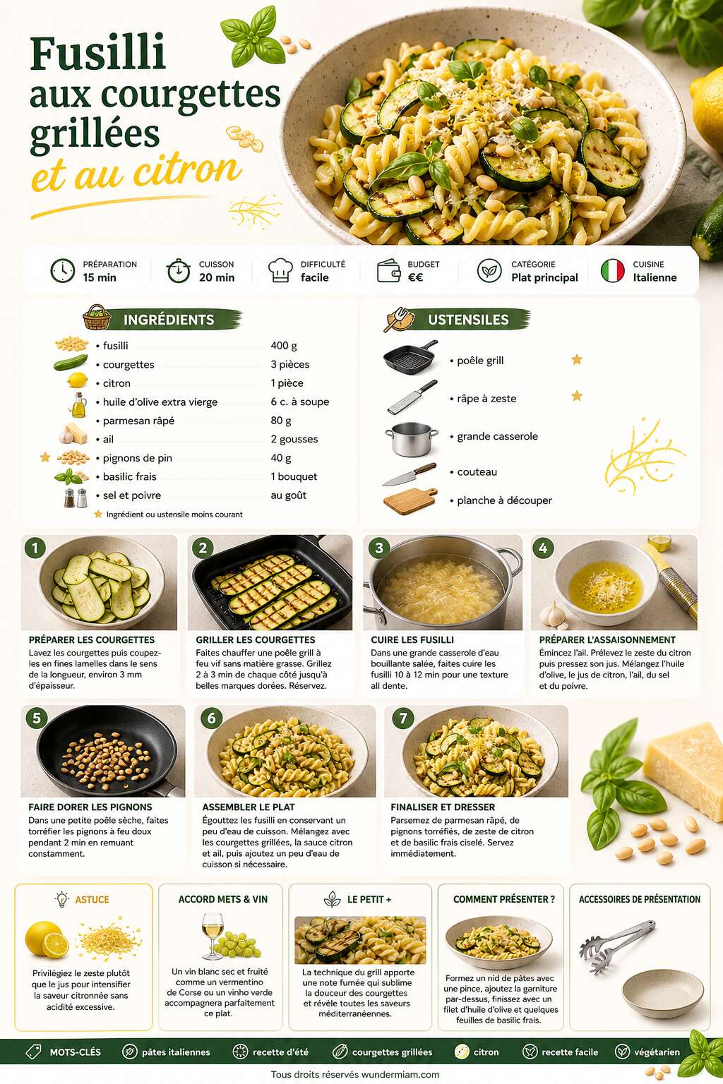 Fiche recette Recette de fusilli aux courgettes grill&eacute;es et au citron
