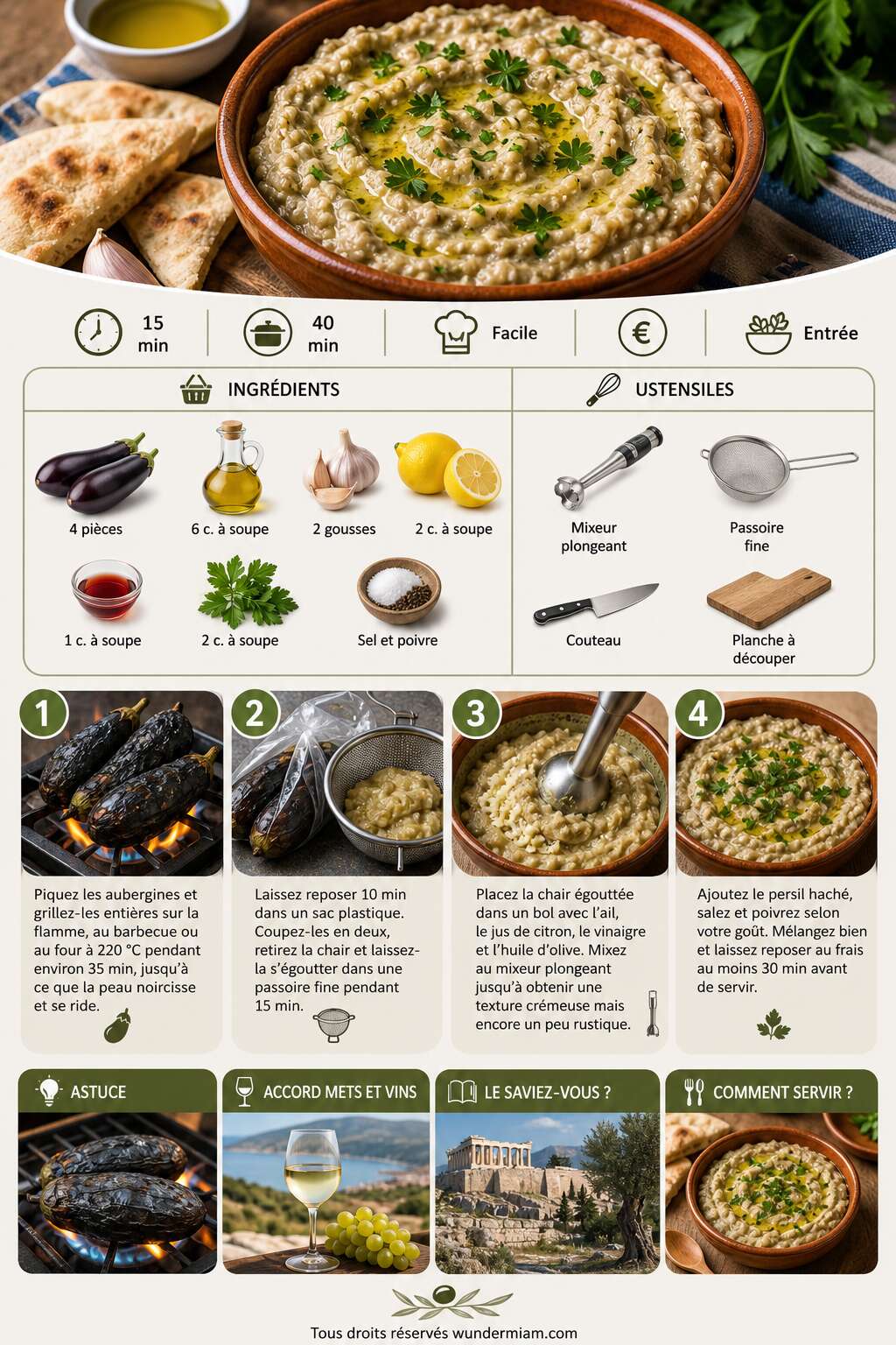 Fiche recette Melitzanosalata : la recette de la salade d'aubergines &agrave; la grecque