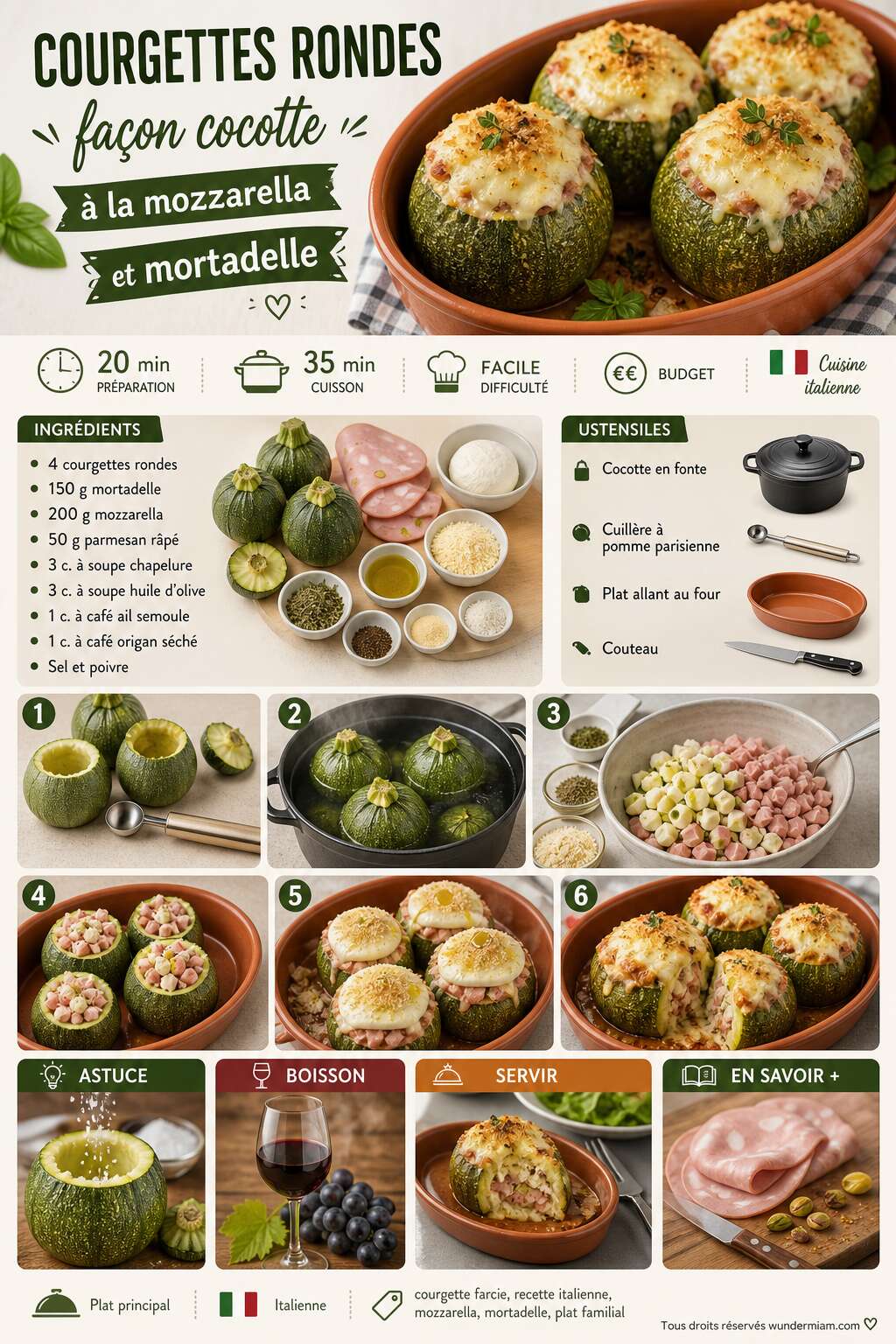 Fiche recette Recette de courgettes rondes façon cocotte à la mozzarella et mortadelle Fiche recette Recette de courgettes rondes façon cocotte à la mozzarella et mortadelle