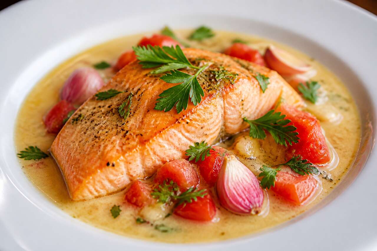 Recette de filet de truite saumonée au fumet de poisson, ail rose de Lautrec et concassée de tomate fraîche