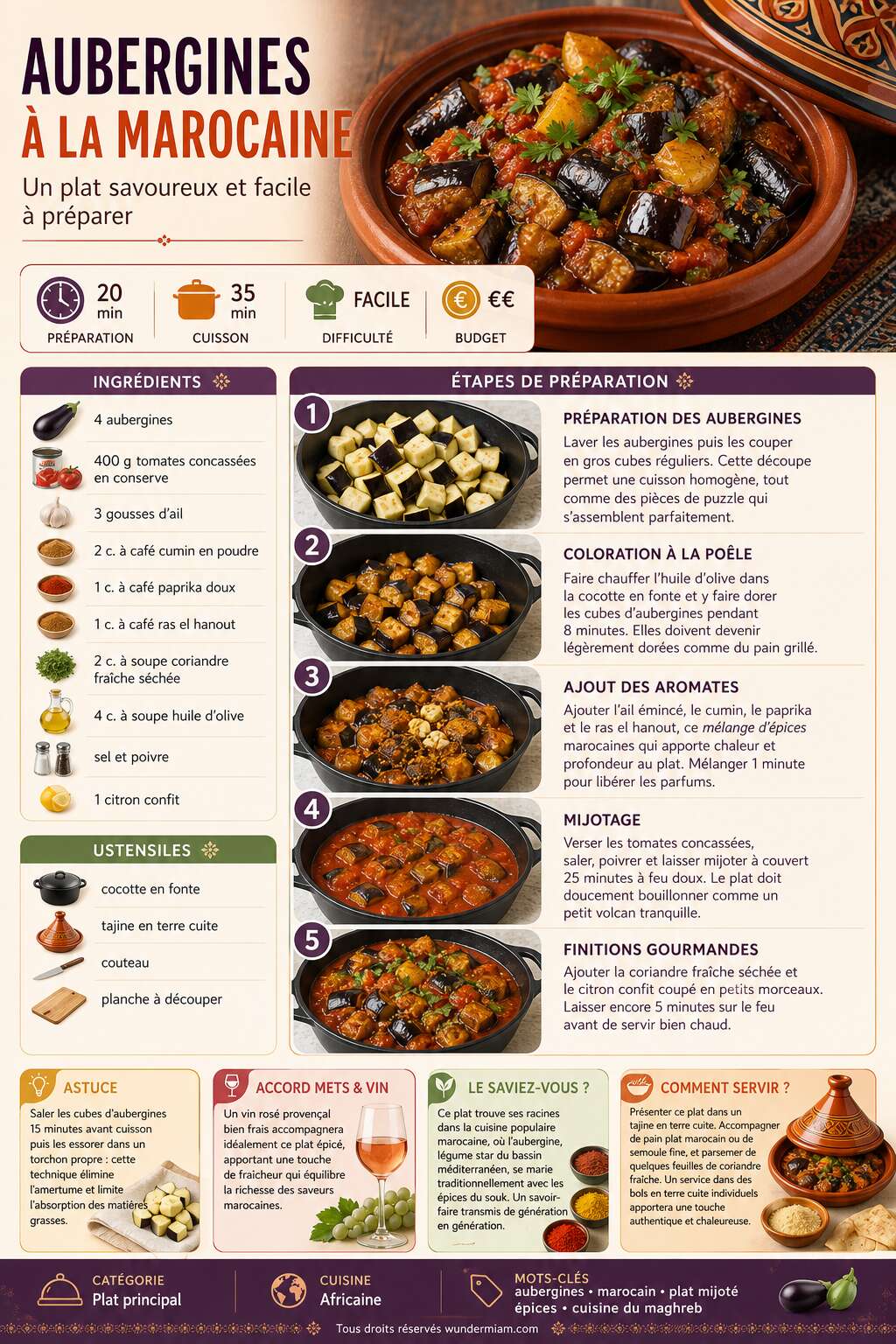 Fiche recette Recette d'aubergines à la marocaine : un plat savoureux et facile à préparer Fiche recette Recette d'aubergines à la marocaine : un plat savoureux et facile à préparer