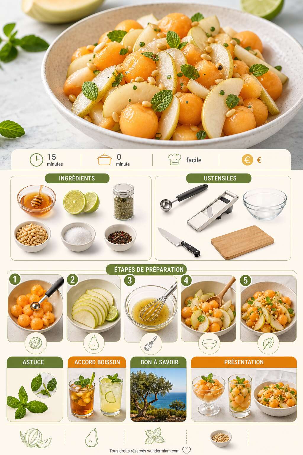 Fiche recette Recette de salade de melon et poires &agrave; la menthe