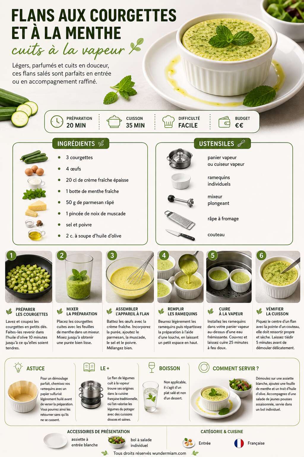 Fiche recette Recette de flans aux courgettes et à la menthe cuits à la vapeur Fiche recette Recette de flans aux courgettes et à la menthe cuits à la vapeur