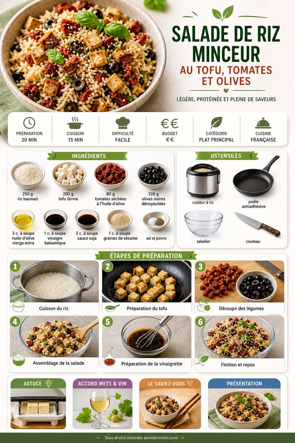 Fiche recette Salade de riz minceur au tofu, tomates et olives : une recette légère et savoureuse Fiche recette Salade de riz minceur au tofu, tomates et olives : une recette légère et savoureuse