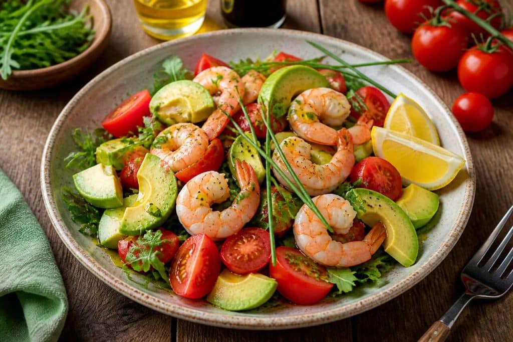 Recette de salade fraîcheur aux tomates, avocat et crevettes